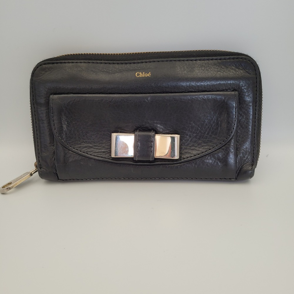 Chloe Black Leather Bobbie Zip Around Wallet Gold Metal Bow Large Long Wallet